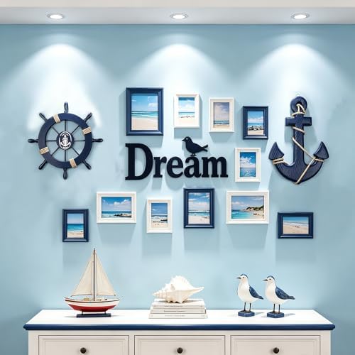 2 Pack 11" Nautical Beach Wooden Ship Wheel and 13" Wooden Anchor with Rope Nautical Boat Steering Wheel Rudder Anchor Wall Art Decor Door Hanging Ornament Beach Theme Home Decoration(Blue) - Image 5