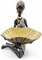 Lescafita African Lady Decorative Bowl Statue Black Gold Figurine by LESCAFITA