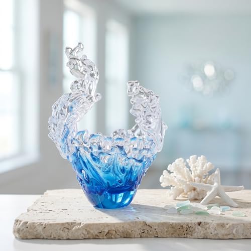 suruim Hand Blown Glass Wave Sculpture Figurines Blue and Clear Art Glass Bowl for Home Decor, Sea Glass Figurine, Nautical Sea Glass Decorations, Multipurpose Storage for Keys, Jewelry, Candy - Image 6