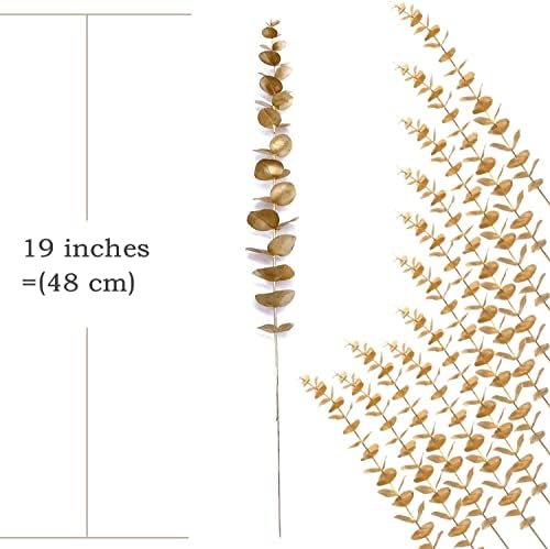 CATTREE Artificial Gold Eucalyptus, Faux Plastic Golden Plants 19" Tall 10 Pcs, Wreath Decorations Fake Shrubs for Wedding Hotel Hall Party Indoor Home Table Centerpieces DIY Decor Planting Filler - Image 5