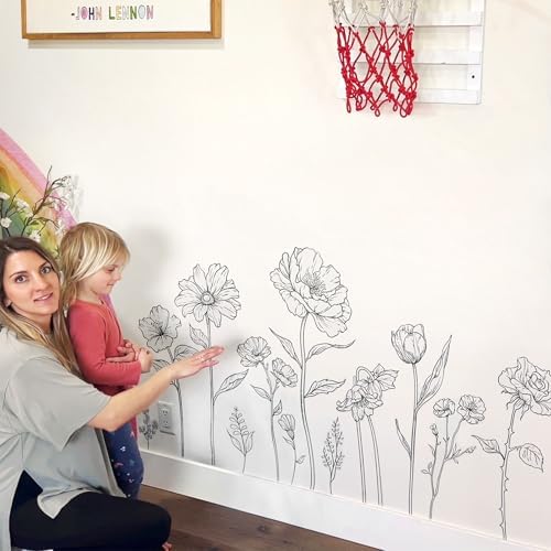 Large Black Boho Flower Wall Decals, 3 Sheets Simple Sketch Floral Wall Stickers Peony Wildflower Peel Stick Wall Art Decor Bedroom Home Room Office Garden Hall Adult Gifts for Mom(11.8x35.4 in/Sheet) - Image 2