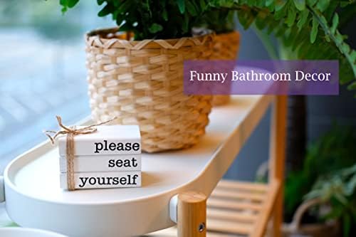 Farmhouse Mini Bathroom Sign Decor Funny Wooden Book Stack for Bathroom Tray Decor Bathroom Shelf Sitter 2 Signs in 1 Reversible Mini Book Set of 3 for Restroom Wooden Rustic Sign - Image 7