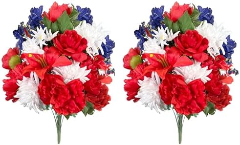 Admired by Nature 24 Stems 2pcs Artificial Flower Peony Lily Mum Patriotic Memorial Bouquet Cemetery Decorations for Grave, Spring Faux Flower Arrangement, Veterans, Independence Day, Red White Blue by AdmiredbyNature