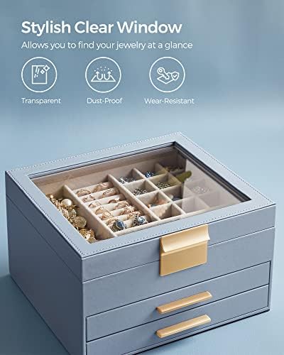 SONGMICS Jewelry Box Organizer, 3-Layer Storage with 2 Drawers, Glass Lid - Image 4