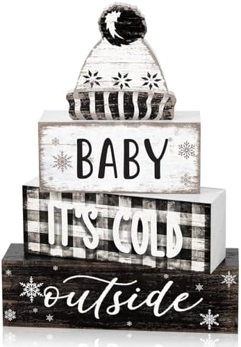 Marsui 4 Pcs Winter Wooden Hat Block Sign Farmhouse Table Decor Rustic by Marsui