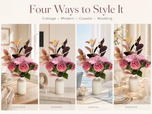 Pink Silk Artificial Flower Arrangement with Vase, Mums Peony Eucalyptus - Image 7