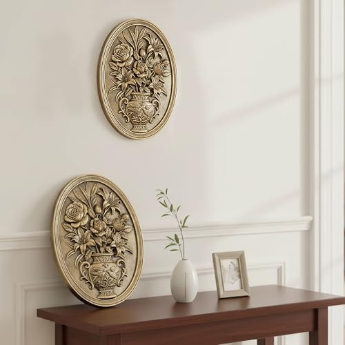 Vintage Flower Wall Sculpture 2 Pack ,Antique Wall Decor,Vintage Floral Wall Art, Hand Painted Wall Decoration with Embossed Flowers Design, Gold Wall Decor for Living Room Bedroom Dining Room, Housewarminng Gifts (Gold Flowers) - Image 2