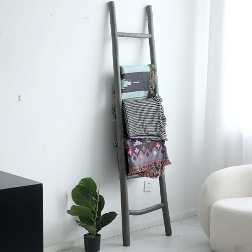 FUIN Blanket Ladder, 6ft Rustic Solid Wood Decorative Ladder, Grey - Image 6