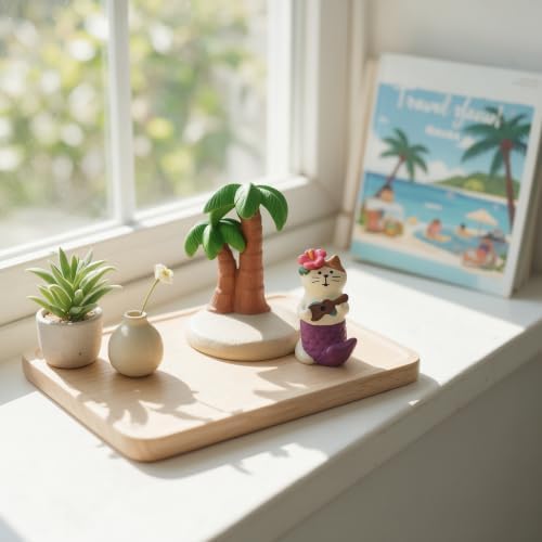 Mevodeata Mermaid Cat Figurine with Palm Tree, Mini Beach Statue - Image 5