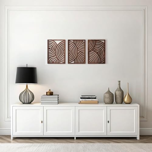 qmmp Modern Wooden Wall Sculptures - Set of 3 - Home Decor Accent - Large Wall Art for Living Room, Bedroom, Office - Easy Installation (Walnut, Medium - Orbit) by qmmp