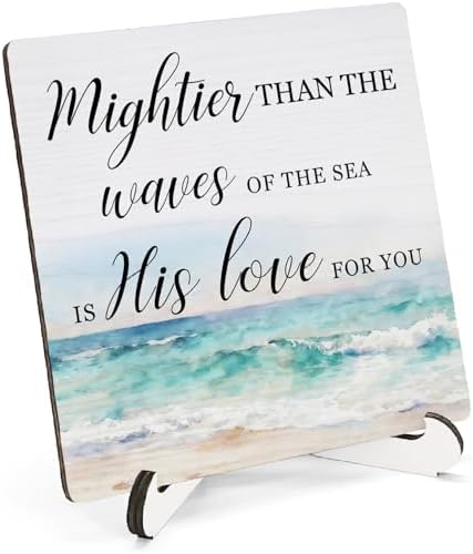 Prayer Closet Essentials Wooden Decor 5"X5", Mightier Than the Waves His Love Wooden Desk Table Sign for Prayer Corner Closet, Christian Desk Table Gifts for Woman Man (5x5 Inch) by HSIASHENG