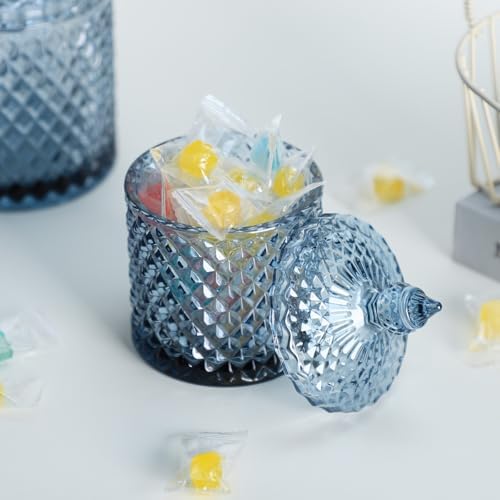 Sizikato Diamond Faceted Crystal Glass Candy Jar with Lid, Blue Decorative Jar, Jewelry Box, Cotton Swab Storage Holder. - Image 5