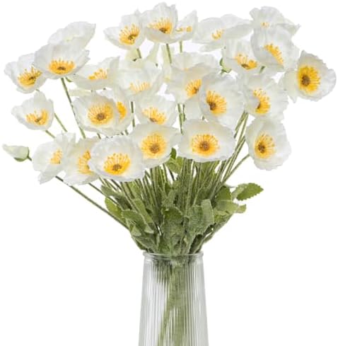 Artificial Poppies, White Silk Poppies Artificial Flowers - 24x Blooming California Poppy Flower Artificial Plus 8X Buds for Home Decoration, WHWH8 by Glamrce