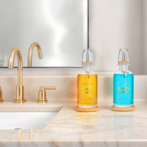 Mouthwash Dispenser for Bathroom 11.8oz – Glass Mouthwash Bottle with Cup & Bamboo Tray, Gold Hot-Stamped Lettering, Silicone Base, Modern Bathroom Accessory (Clear, 11.8oz, 2pack) - Image 6