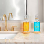 Mouthwash Dispenser for Bathroom 11.8oz – Glass Mouthwash Bottle with Cup & Bamboo Tray, Gold Hot-Stamped Lettering, Silicone Base, Modern Bathroom Accessory (Clear, 11.8oz, 2pack) - Image 6