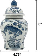 8" Ceramic Ginger Jar w/Lid - Classic Chinese Style Porcelain Jar Tea Storage for Home Decor Decorative Centerpiece Vintage Accent Antique Vase Jingdezhen (Slate Blue & White Koi) - Image 2