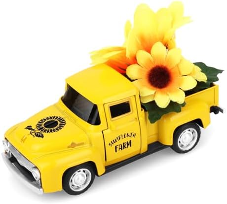 Sunflower Vintage Metal Truck Mini Metal Farm Truck Decor with Sunflower Bouquet Farmhouse Rustic Pickup Tiered Tray Decor for Home Kitchen Shelf Table Decor Yellow by Fowecelt