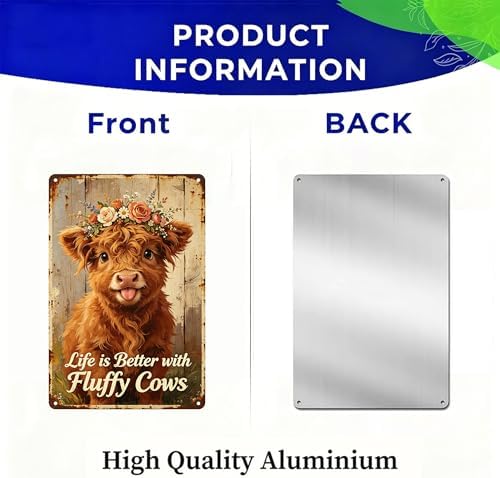 Flower Crown Fluffy Highland Cow & Life Is Better With Fluffy Cows Quote, Rustproof Aluminum Vintage Wall Sign,Rustic Farmhouse Entryway Home Decor, Multipurpose Indoor Outdoor Hanging Plaque 8×12 Inch - Image 7