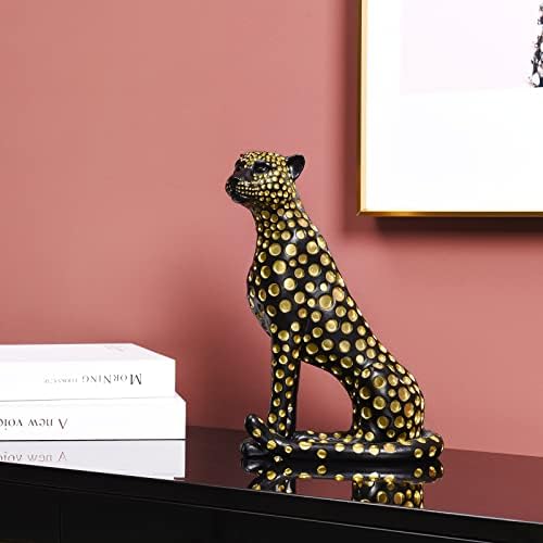 Quoowiit Leopard Sculptures for Home Decor, Modern Sculptures Decorations for Living Room, Bedroom, Table, Bookshelf, Black Resin Leopard Art Decorative Sculpture with Gold Polka Dots Design-Black - Image 2