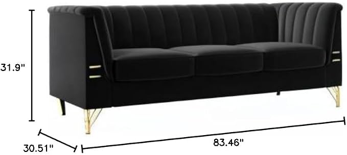 83.46" W Black Velvet Sofa Couch - Image 2