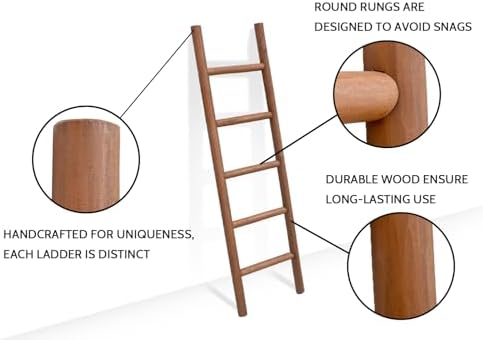 FUIN Blanket Ladder, 57in Rustic Solid Wood Decorative Ladder, Dark Brown - Image 3
