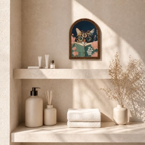 Funny Cat Decor Arched Wood Frame Tabletop Sign, Vintage Reading Cat Art Decor with Stand, Rustic Shelf Desk Mantel Accent for Bathroom Office Home - Image 7