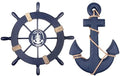 2 Pack 11" Nautical Beach Wooden Ship Wheel and 13" Wooden Anchor with Rope Nautical Boat Steering Wheel Rudder Anchor Wall Art Decor Door Hanging Ornament Beach Theme Home Decoration(Blue) by Meching