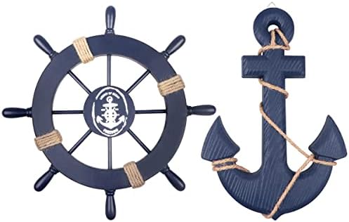 2 Pack 11" Nautical Beach Wooden Ship Wheel and 13" Wooden Anchor with Rope Nautical Boat Steering Wheel Rudder Anchor Wall Art Decor Door Hanging Ornament Beach Theme Home Decoration(Blue) by Meching