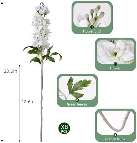 Fake Flowers 23.6” Delphinium Artificial Flowers 8Pcs Silk Flowers with Stems Long Stem Artificial Flowers for Tall Vase Faux Flowers for Indoor Home Decoration Wedding Decoration Centerpiece White - Image 2