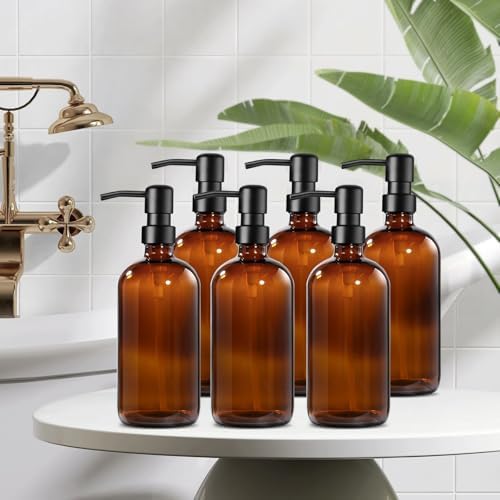 GMISUN Amber Glass Soap Dispenser, 6 Pack Bathroom Hand Soap Dispensers with Stainless Steel Pump, 17 Fl Oz Kitchen Hand and Dish Soap Dispenser Set, Modern Vintage Liquid Brown Soap Dispensers Bottle - Image 4