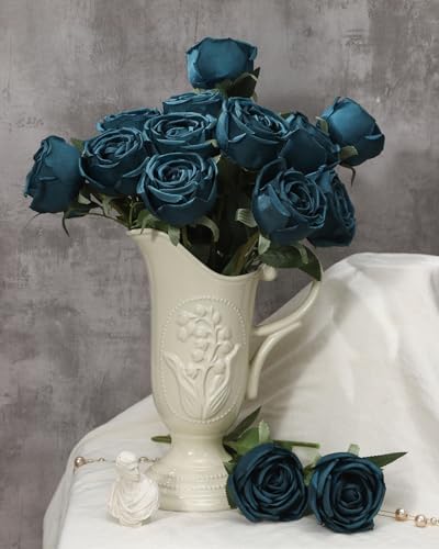 Coferset 10 Pcs Fake Silk Roses with Long Stems,Peacock Blue - Image 2