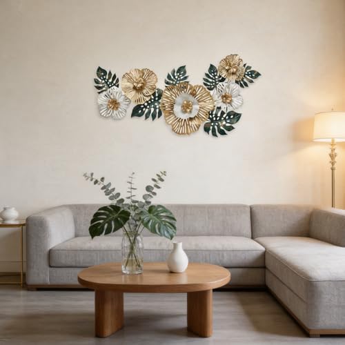Large Modern Metal Wall Art, 3D Gold, White & Green Monstera Leaf Wall Sculpture, Tropical Wall Hanging for Living Room Bedroom Dining Room Entryway, Gift for Housewarming Wedding, 43.3"L x 18.5"W by FURUBETA