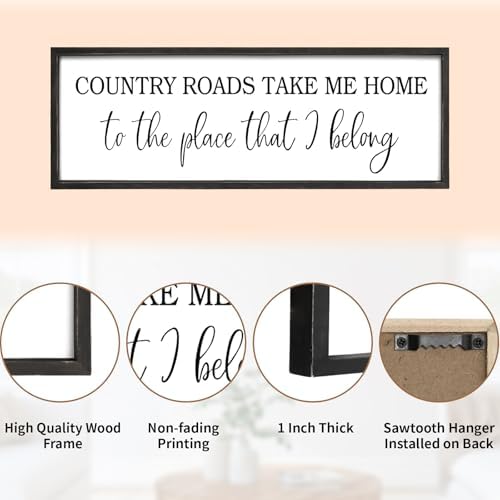 Country Roads Take Me Home Decor, 42''×15'' Large Farmhouse Country Wall Sign with Solid Wood Frame, Vintage Wall Art Western Living Room Home Decor (Black) - Image 3