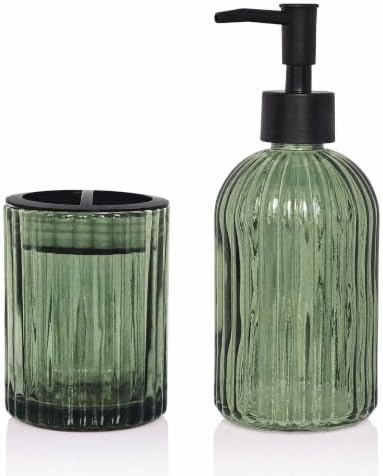 2 Pcs Green Bathroom Accessories Set, Glass Bathroom Set, Soap Dispenser, Toothbrush Holder Set, Crystal Modern Bathroom Decor, Housewarming Gift Set by Unknown