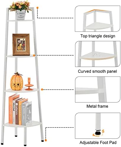 Hoctieon Corner Shelf, 4-Tier Corner Bookshelf, Rustic Corner Ladder Shelf, Industrial Display Shelf for Living Room, Kitchen, Home Office, Balcony, Small Space, Metal Frame, White - Image 4