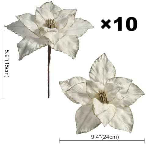 10 Pcs 9.4" Velvet Poinsettia Picks Glitter Artificial Christmas Flower Stems for Xmas Tree Wreath Garland Winter New Year Home Decoration, Cream White - Image 6