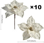 10 Pcs 9.4" Velvet Poinsettia Picks Glitter Artificial Christmas Flower Stems for Xmas Tree Wreath Garland Winter New Year Home Decoration, Cream White - Image 6