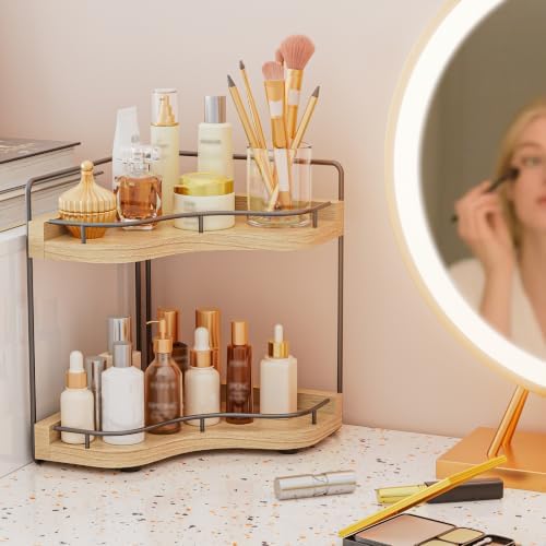 2-Tier Corner Bathroom Counter Organizer for Storage, Light Brown - Image 6