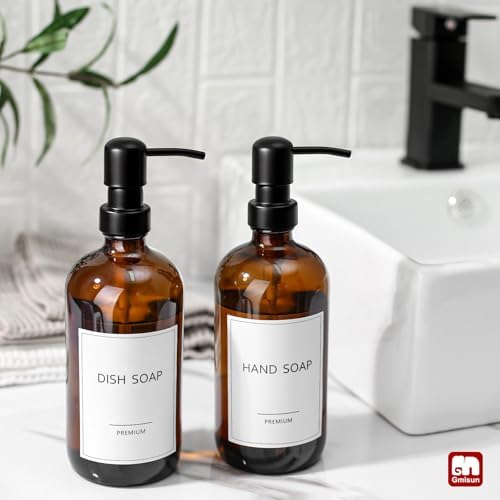 GMISUN Amber Glass Soap Dispenser, 8 Pack Bathroom Hand Soap Dispensers with Stainless Steel Pump, 17 Fl Oz Kitchen Hand and Dish Soap Dispenser Set, Modern Vintage Liquid Brown Soap Dispensers Bottle - Image 4