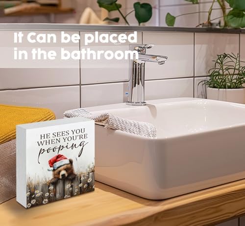 Christmas Bear Home Bathroom Decor Sign - Farmhouse Western Christmas Animal Bathroom Decor,Rustic Farm Animal He Sees You When You're Pooping Signs,Bear Gifts for Women - Image 6