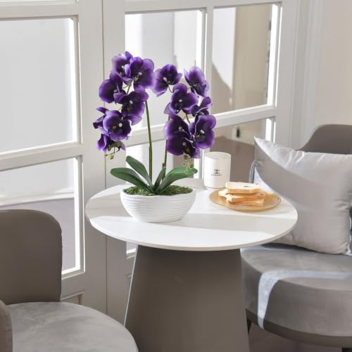 Large Artificial Orchid Arrangement in Oval Ribbed Ceramic Pot, Deep Purple - Image 4