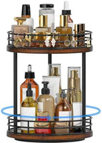 2-Tier Rotating Bathroom Countertop Organizer, Wooden Makeup Vanity Storage, Multifunctional Lazy Susan Turntable for Skincare, Perfume and Cosmetics (Brown) by Yelinkws