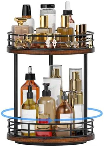 2-Tier Rotating Bathroom Countertop Organizer, Wooden Makeup Vanity Storage, Multifunctional Lazy Susan Turntable for Skincare, Perfume and Cosmetics (Brown) by Yelinkws