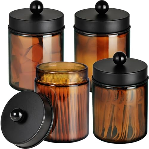 Amolliar Amber Glass Apothecary Jars Qtip Holder w/Metal Lids,Black 4pc by Amolliar