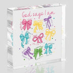 Pink Bow Room Decor, Inspirational Bible Verse Quotes, Christian Gifts for Women, Coquette Aesthetic Bow Dorm Decoration, Office Decor for Women, Acrylic Office Desk Accessories-God Says I Am by Unknown