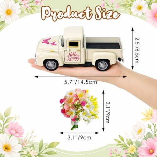 Vintage Metal Truck Decor with Artificial Flowers, Spring Floral Pickup Truck Decoration, Farmhouse Home Decor for Table Shelf Mantel Tiered Tray, Easter Mother's Day Spring Decorations Gift - Image 3