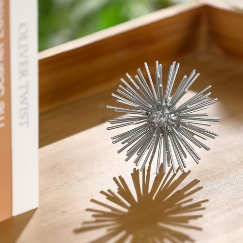 Silver Sphere Decor, Metal Starburst Tabletop Sculpture Decor, Mid-Century Modern Metal Starburst Centerpiece, Spike Ball Decoration for Home, Coffee Table Decor - Image 6