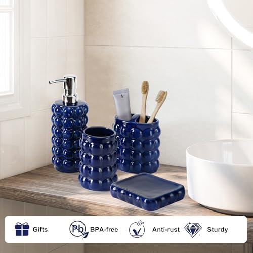 4 Piece Ceramic Bathroom Accessories Set –Soap Dispenser,Toothbrush Holder,Tumbler & Soap Dish,Includes Silicone Funnel,Non-Slip,Modern Farmhouse Countertop Organizer Set for Bathroom Decor, Navy Blue - Image 2