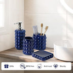 4 Piece Ceramic Bathroom Accessories Set –Soap Dispenser,Toothbrush Holder,Tumbler & Soap Dish,Includes Silicone Funnel,Non-Slip,Modern Farmhouse Countertop Organizer Set for Bathroom Decor, Navy Blue - Image 2