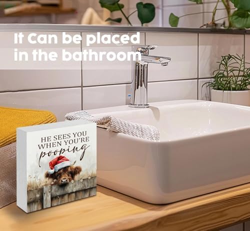 Christmas Highland Cow Bathroom Decor Sign - Farmhouse Western Christmas Animal Bathroom Decor,Rustic Farm Animal He Sees You When You're Pooping Signs,Highland Cow Gifts for Women - Image 6